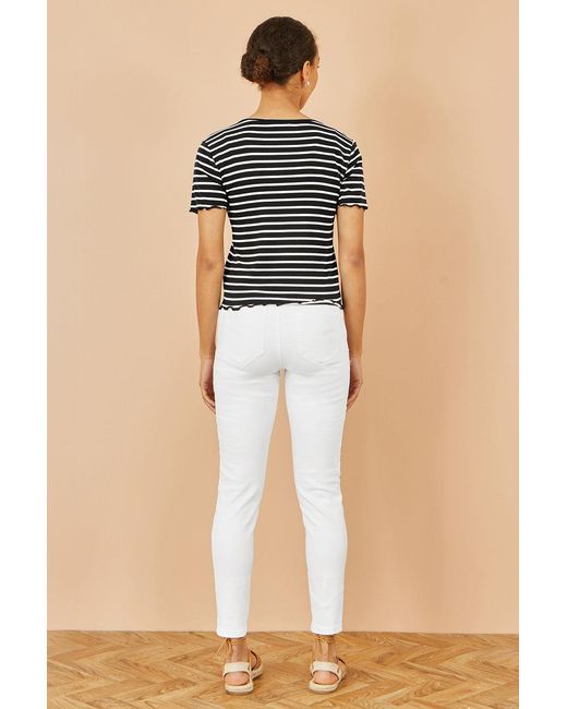 Yumi' Black Striped Cotton Jersey Lettuce Trim T-Shirt