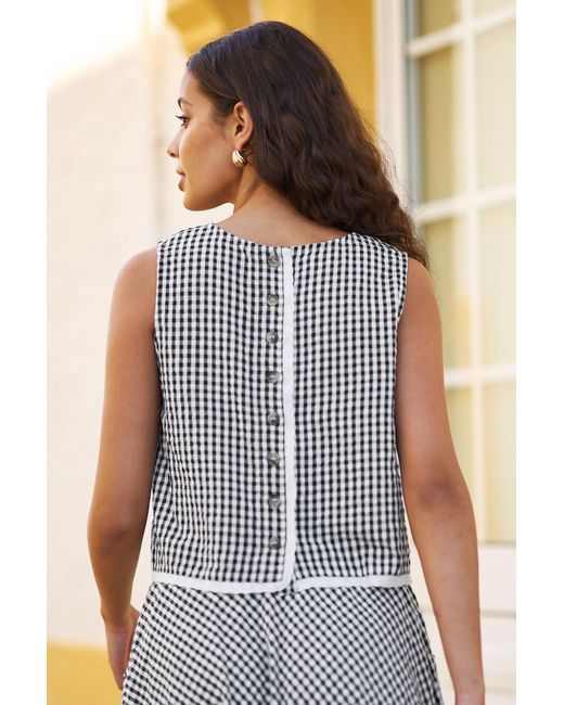 Yumi' Blue Gingham Cotton Top With Lace Trims