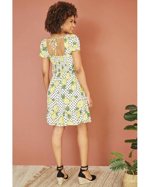 Mela White Viscose Lemon Print Skater Dress With Balloon Sleeves