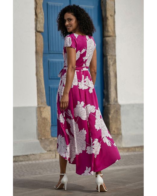 Yumi' Pink Blossom Print Wrap Dress With Dipped Hem