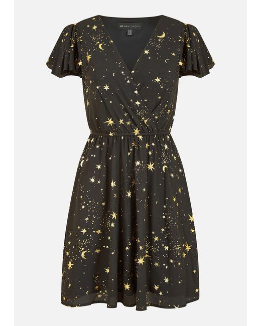 Mela Black Foil Star Print Wrap Skater Dress