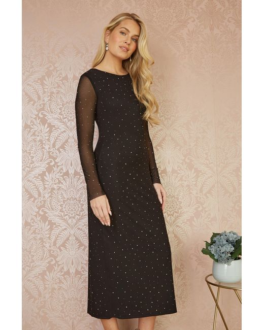 Yumi' Black Mesh Bodycon Midi Dress With Tie Back And Diamantes
