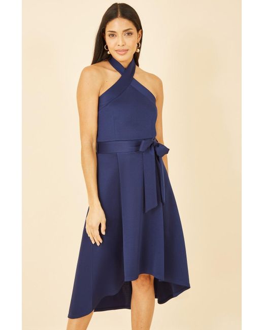 Mela London Blue Mela Halter Neck Dipped Hem Skater Dress