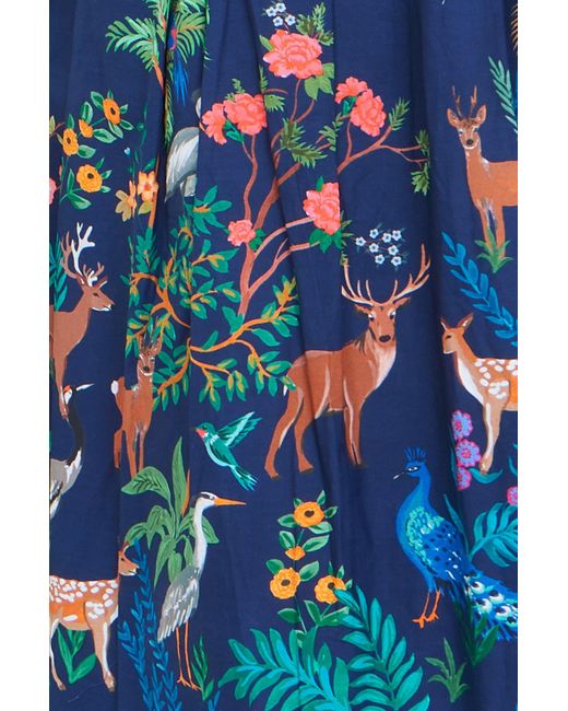 Yumi' Blue Woodland Animal Print Cotton Midi Skater Dress
