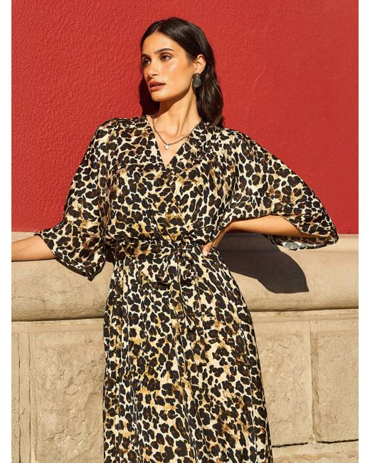 Yumi' Natural Leopard Midi Wrap Dress With Kimono Sleeves