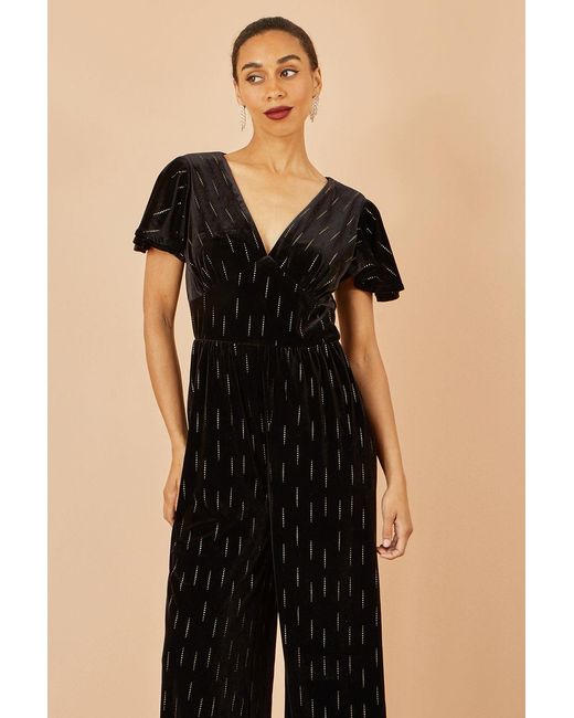 Yumi' Black Foil Print Velvet Jumpsuit