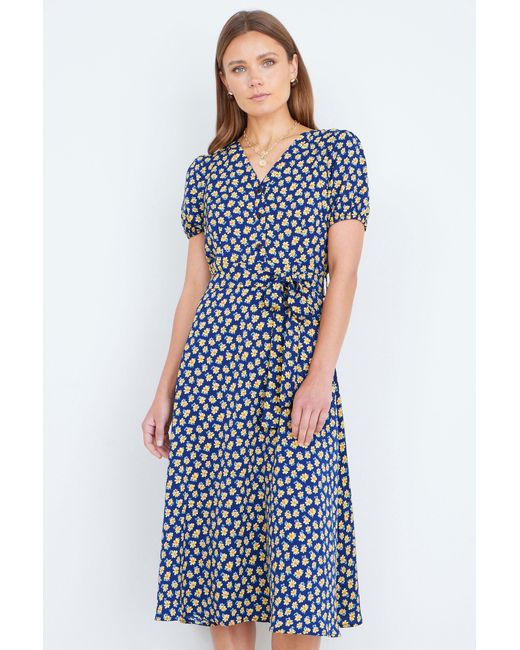 Yumi' Blue Floral Midi Shirt Dress