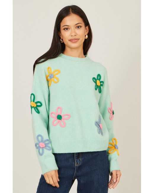 Yumi' Green Relaxed Flower Embroidered Jumper