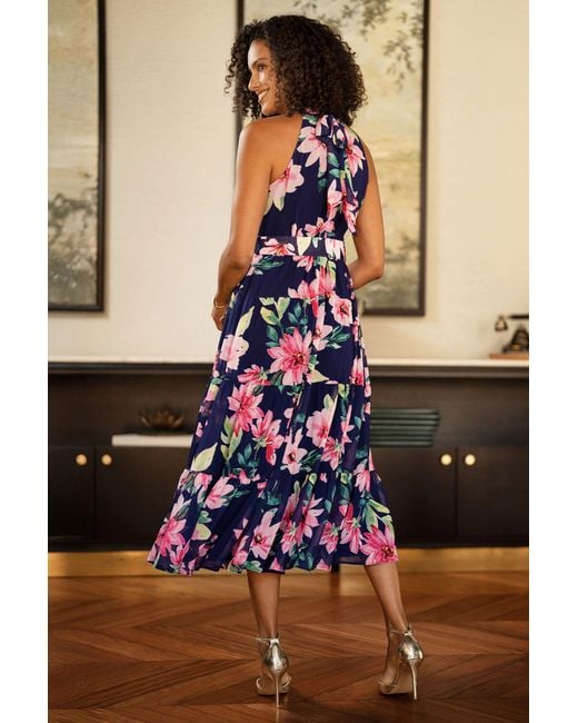 Yumi' Blue Floral Halter Neck Midi Dress With Matching Belt
