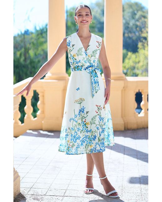 Yumi' Blue Butterfly Print Midi Wrap Dress