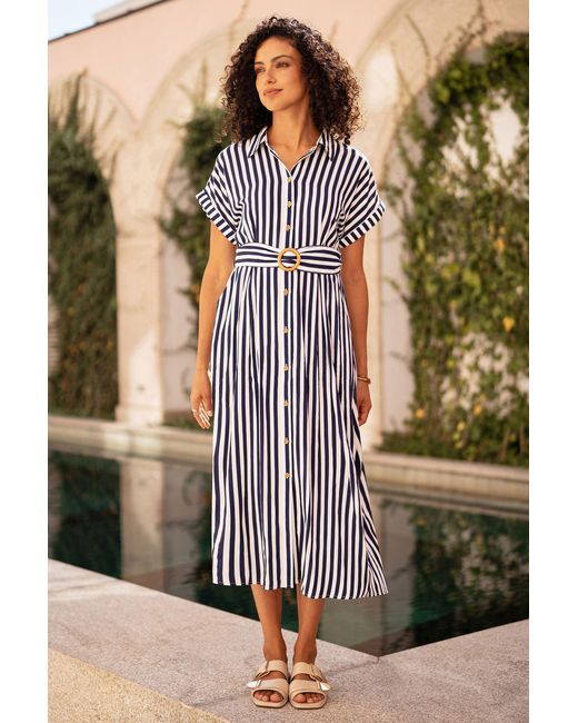 Yumi' Black Stripe Print Relaxed Midi Shirt Dress With Belt