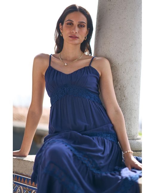 Yumi' Blue Lace Tiered Strappy Maxi Dress