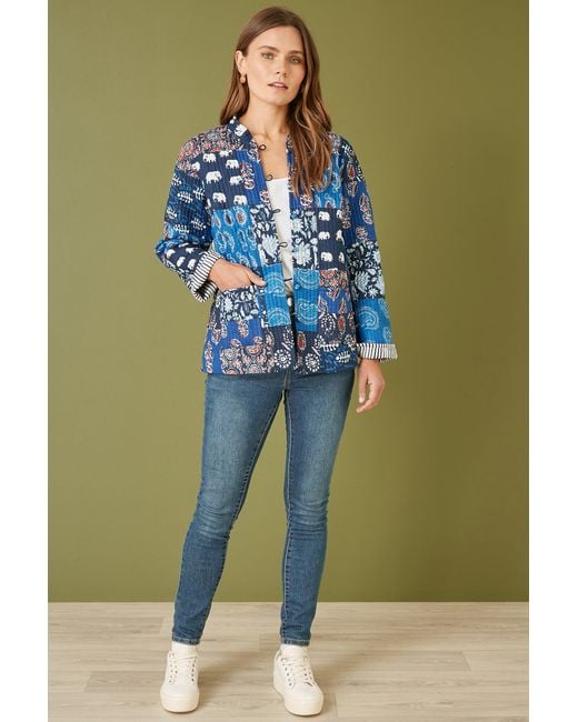 Yumi' Green Indian Patchwork Print Reversible Cotton Quilted Jacket
