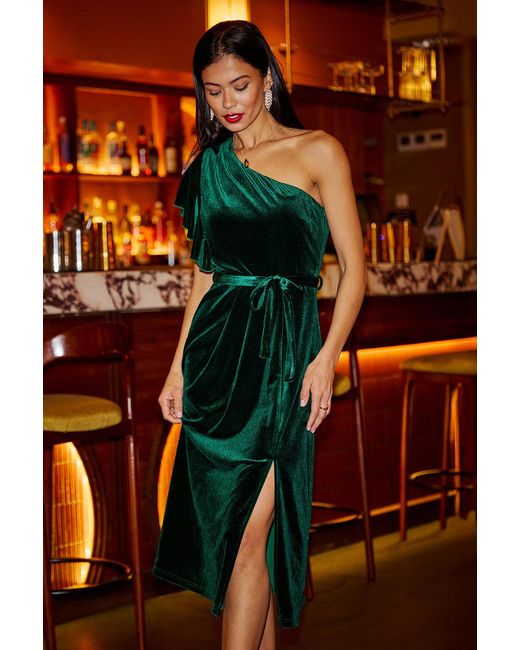 Yumi' Orange Velvet Frill One Shoulder Midi Dress With Split Hem