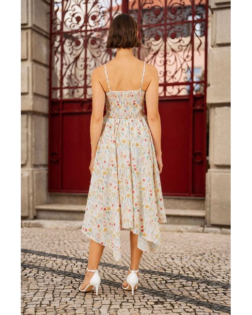 Yumi' Blue Botanical Embroidery Fabric Handkerchief Hem Dress