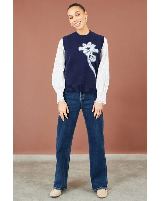 Yumi' Blue Knitted Flower Sleeveless Jumper Vest