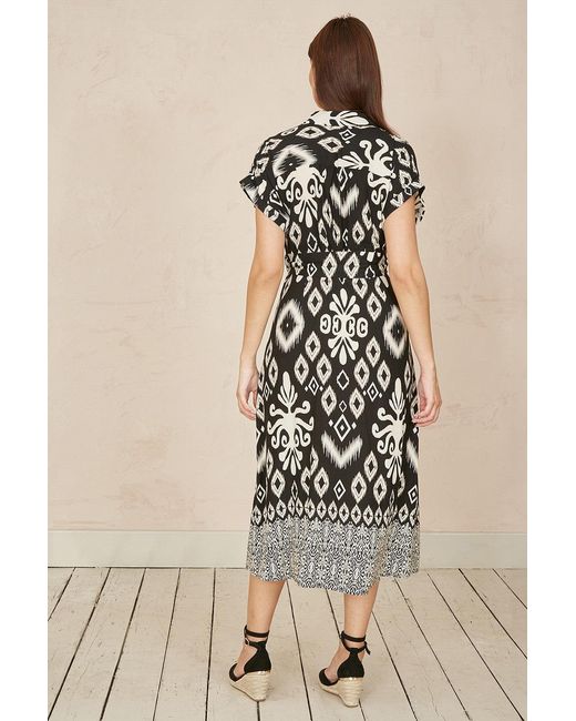 Yumi' Natural Abstract Geo Print Relaxed Midi Shirt Dress With Belt