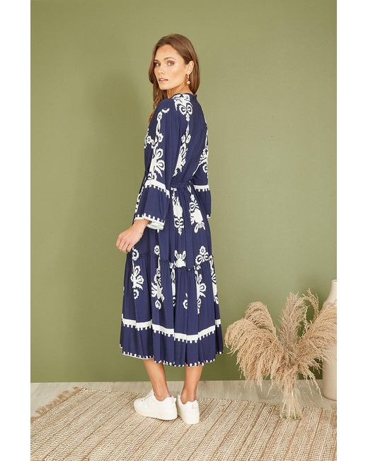 Yumi' Blue Viscose Midi Dress With Long Sleeves