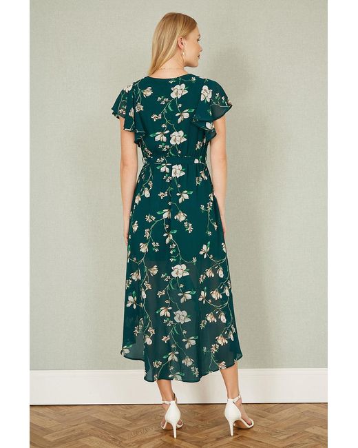 Yumi' Green Floral Wrap Midi Dress With Frill Hem