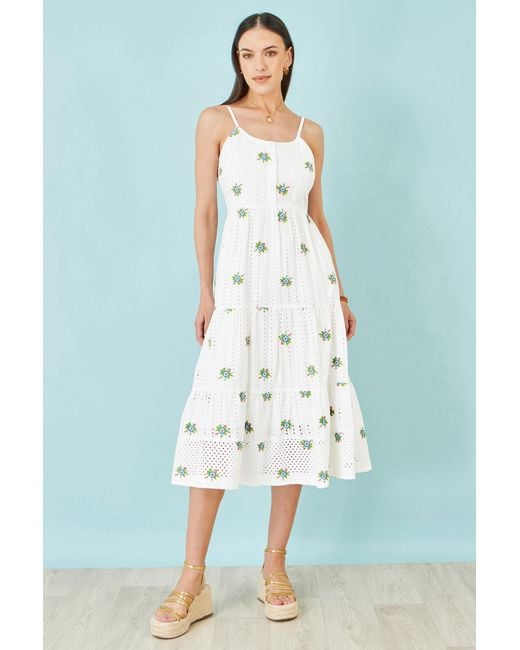 Yumi' Blue Cotton Embroidered Broderie Anglaise Midi Sun Dress