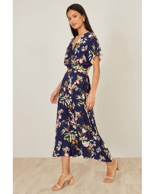 Yumi' Blue Viscose Floral Print Midi Dress With Ruched Waist