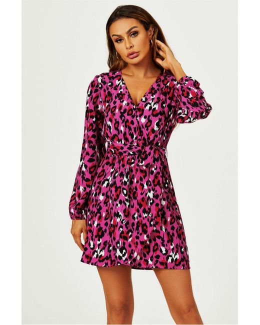 FS Collection Red Leopard Print Wrap Top Mini Dress