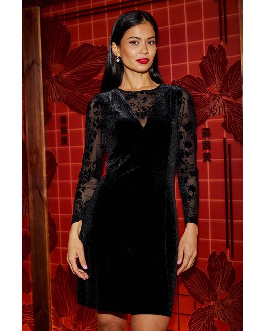 Yumi' Red Fitted Velvet Dress With Sheer Floral Sleeves
