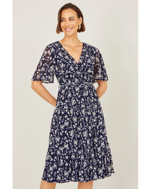 Yumi' Blue Floral Mesh Wrap Dress