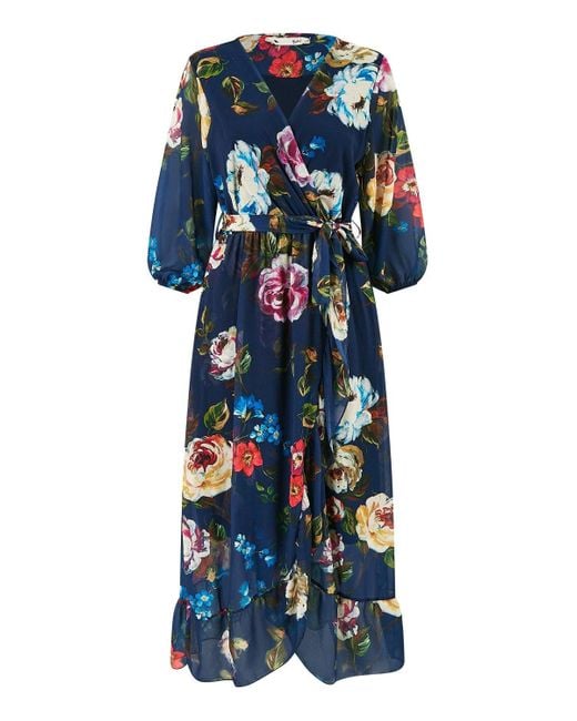 Yumi' Blue Watercolour Dip Hem Midi Wrap Dress