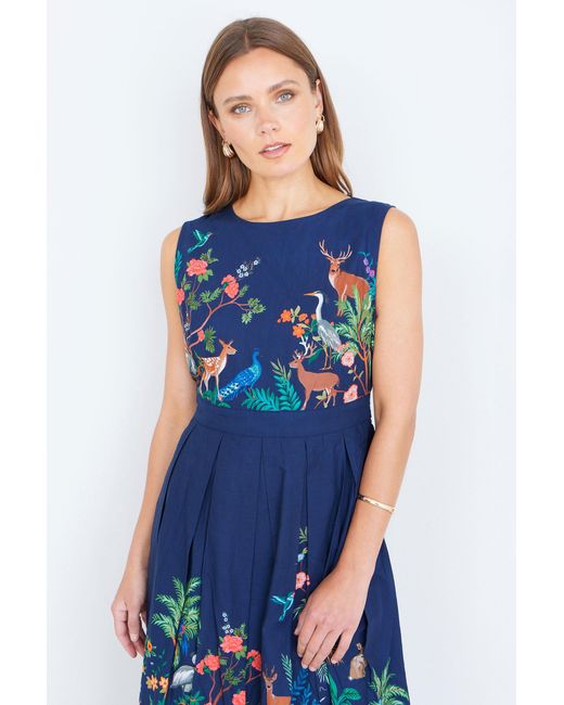 Yumi' Blue Woodland Animal Print Cotton Midi Skater Dress