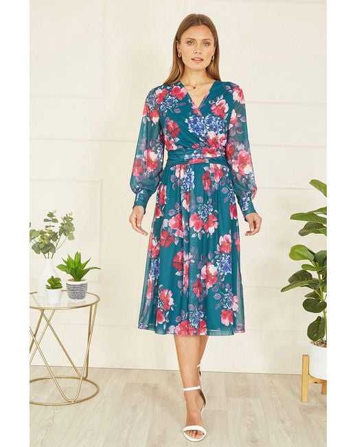 Yumi' Blue Floral Print Stretch Mesh Dress With Pockets