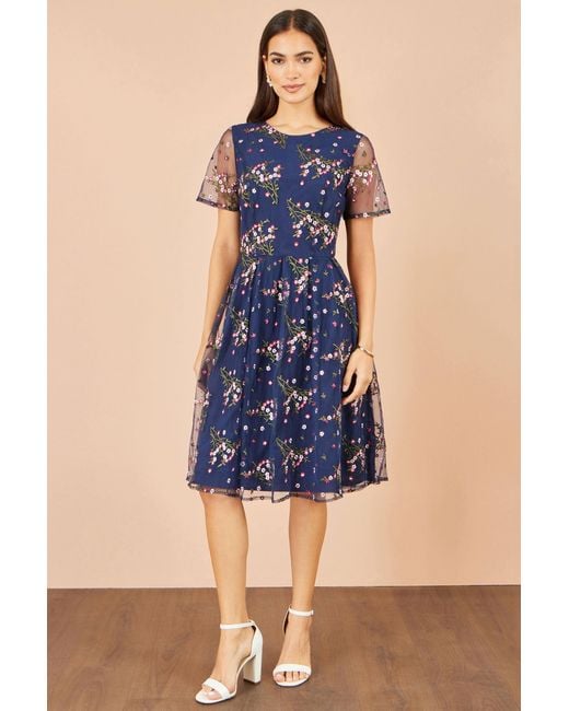 Yumi' Blue Embroidered Floral Mesh Prom Dress