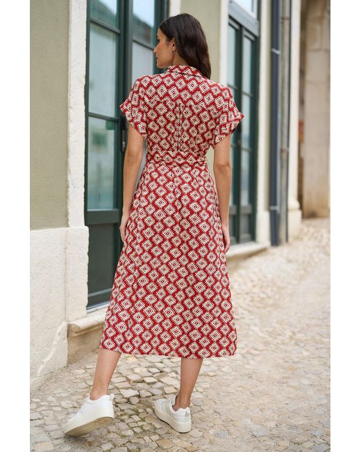 Yumi' Red Viscose Midi Shirt Dress With Matching Belt