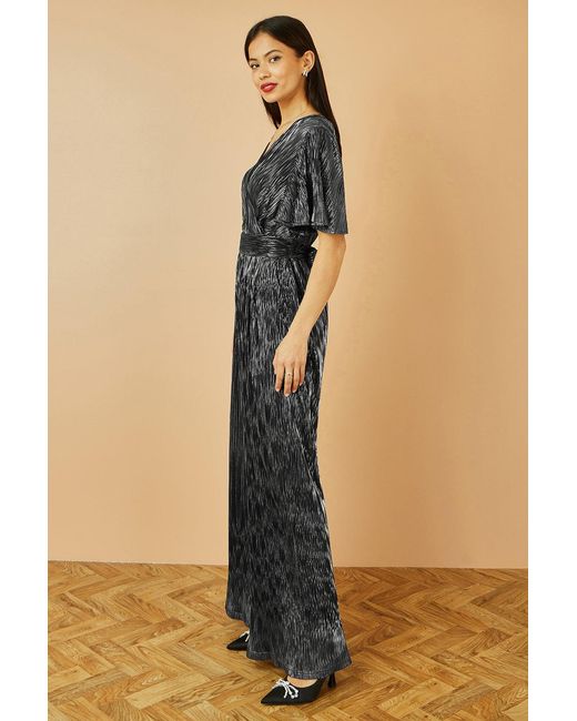 Yumi' Blue Metallic Pleated Jumpsuit With V Neck