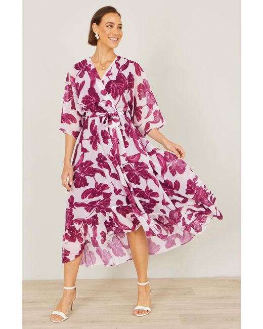 Yumi' Pink Kimono Sleeves Midi Dip Hem Wrap Midi Dress