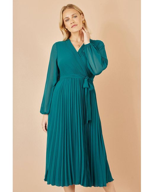 Yumi' Blue Pleated Wrap Midi Dress With Sheer Long Sleeves