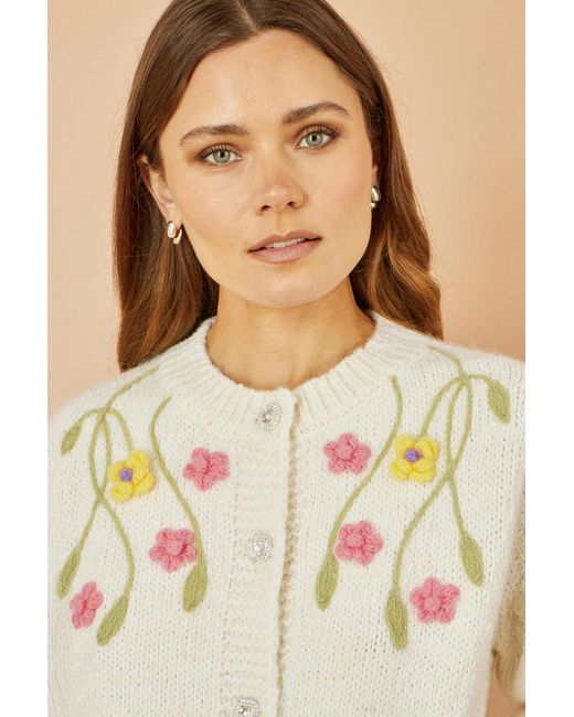 Yumi' Natural Flower Embroidered Chunky Knit Cardigan