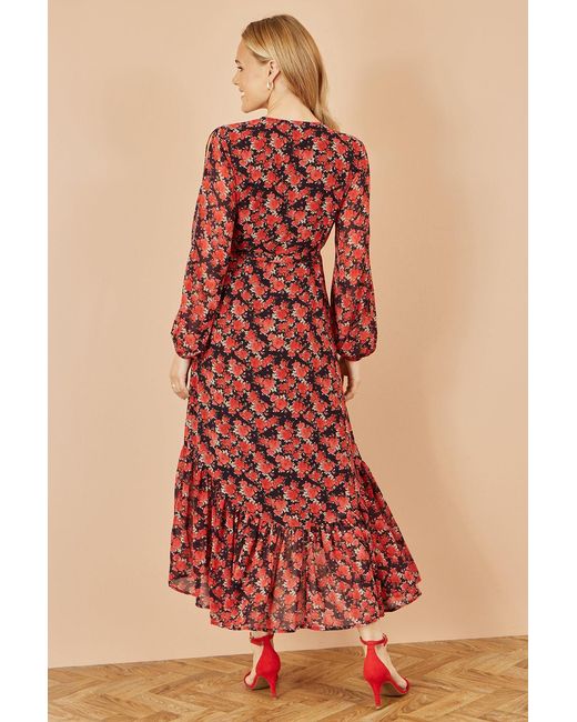 Yumi' Red Rose Print Dipped Hemline Midi Dress With Open Long Sleeves