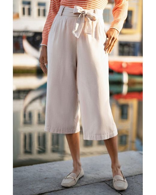 Yumi' Gray Linen Mix Cropped Trousers With Tie Belt