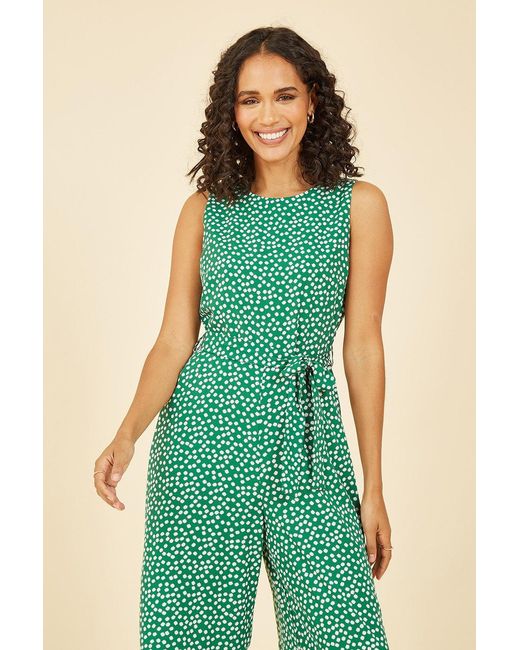 Yumi' Green Ditsy Daisy Sleeveless Culotte Jumpsuit