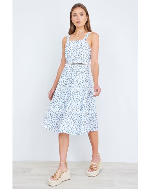 Yumi' Blue Ditsy Floral Cotton Midi Sun Dress With Lace Trims