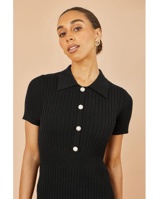 Yumi' Black Fitted Rib Knitted Midi Dress With Daisy Buttons