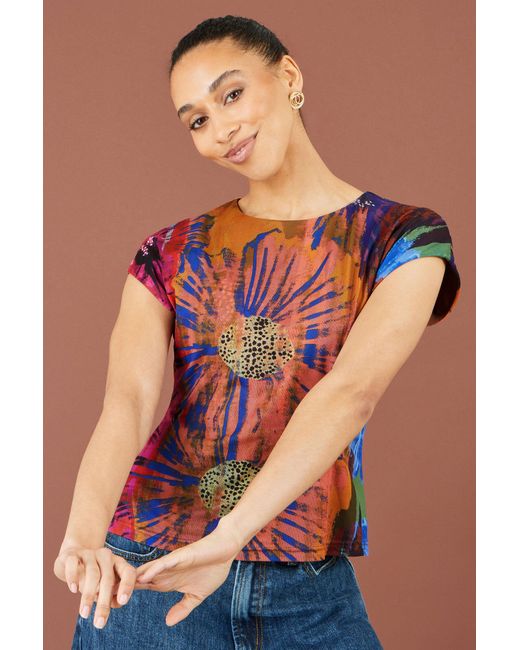 Yumi' Red Multicolour Floral Mesh Top