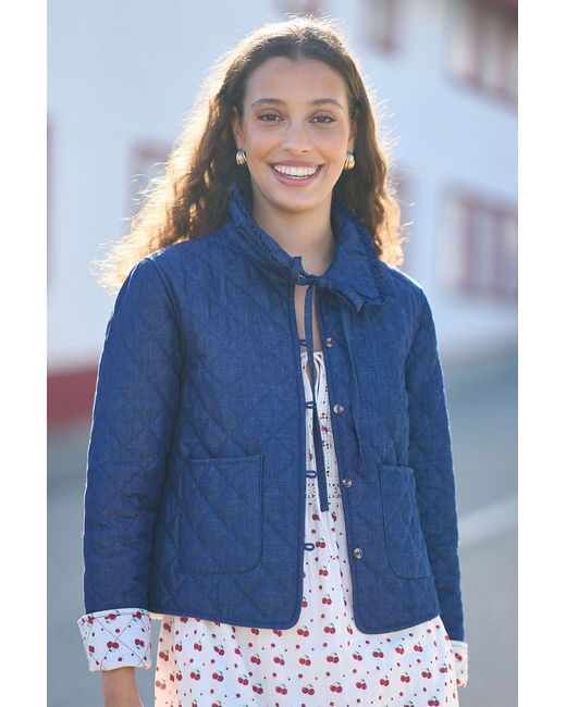Yumi' Blue Chambray Quilted Jacket With Cherry Lining