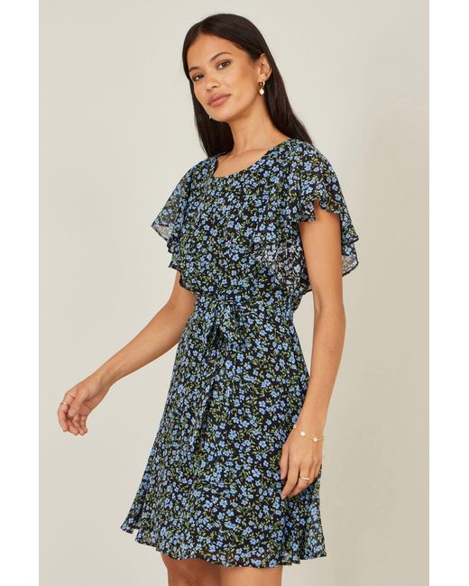 Yumi' Blue Ditsy Print Floral Skater Dress