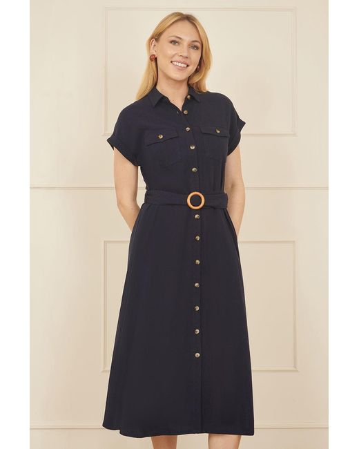 Yumi' Blue Viscose Linen Look Midi Shirt Dress With Wooden Belt