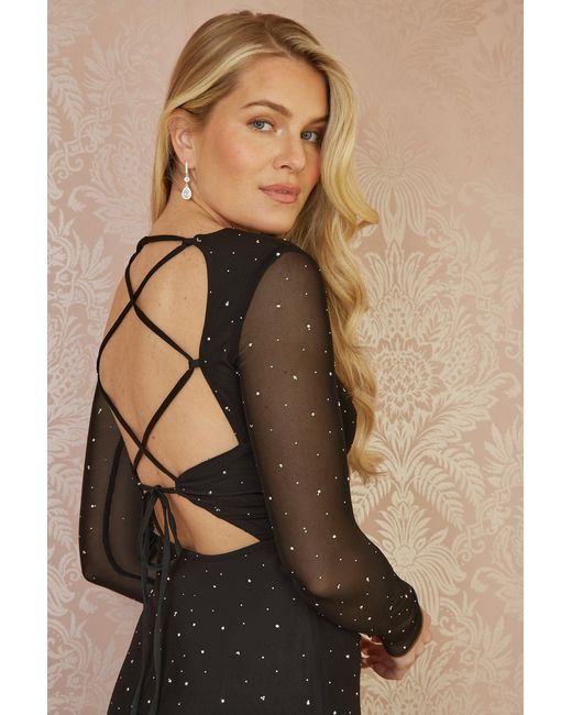Yumi' Black Mesh Bodycon Midi Dress With Tie Back And Diamantes