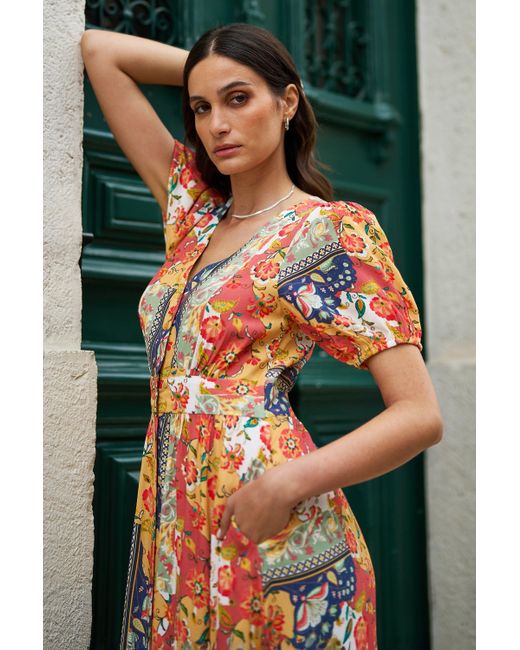 Yumi' Multicolor Multicolour Floral Patchwork Print Midi Shirt Dress