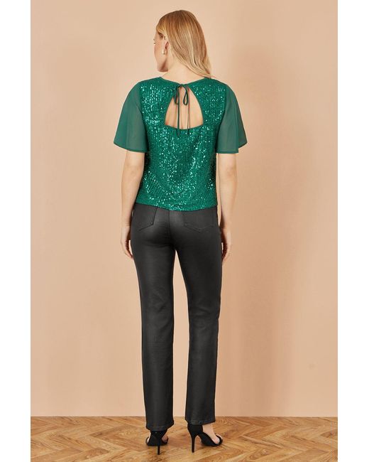 Yumi' Green Sequin Top With Sheer Sleeves And Cut Out Back