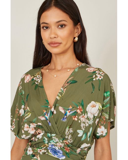 Yumi' Green Viscose Floral Print Midi Dress With Ruched Waist